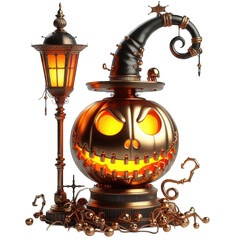 Bold  jack-o'-lantern with witch hat glowing beside lantern, surrounded by pumpkins and bats on transparent background. Suited for spooky decor, tees, posters, Halloween merchandise