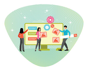 Customizable software development concept. Hands help building website on computer screen.