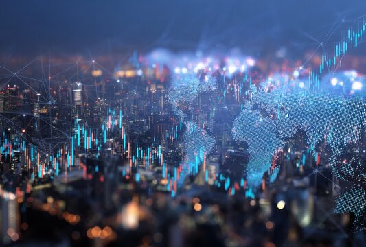 Cityscape with overlaid world map and financial chart lines. Soft focus and interconnected lines suggest globalization and economic connection - Powered by Adobe