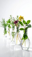 Obraz premium A row of glass vases holds different herb cuttings with water, set against a white background with soft lighting