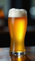 Golden lager in a frosted glass, condensation , bottom-fermented, drinkware