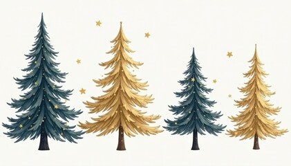 Fototapeta premium Hand-drawn gold & silver Christmas trees Simple line art, vector silhouettes Ideal for holiday decor , many, minimal