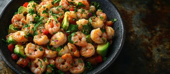 Delicious sauteed shrimp with avocado and vegetables.