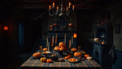 Una mesa de comedor decorada para Halloween con calabazas, velas, telarañas y un candelabro en un ambiente oscuro.