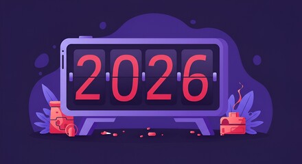 A futuristic styled flip clock displays the year 2026 in red set against purple tones.