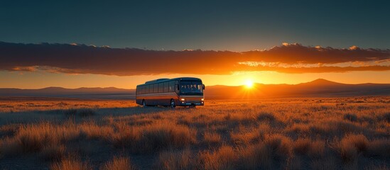 Fototapeta premium Sunset over a desert landscape with a bus.