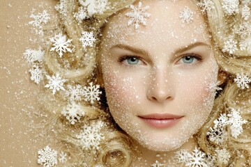 Woman's face adorned with snowflakes.