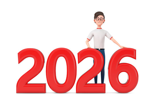 Cartoon Character Person Man with Red 2026 New Year Sign. 3d Rendering
