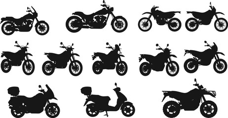 Silhouette motorcycles and scooters collection, motorbike vector set, black transport illustration, biker riding, adventure travel, sport, racing, two wheel vehicles.