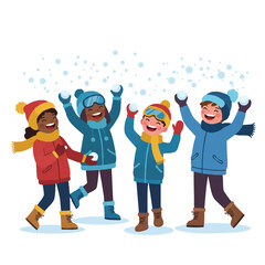 Fototapeta premium Happy diverse children throwing snowballs during a joyful winter snowball fight in a vibrant flat 2D vector illustration with flying snow on a white background.