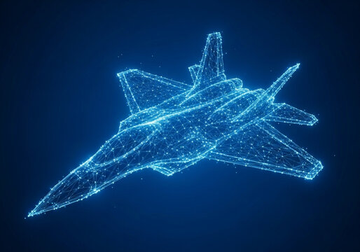 Digital fighter jet. Digital military airplane in futuristic tech style. Polygonal jet fighter hologram. Futuristic digital fighter jet rendered in a glowing blue wireframe network