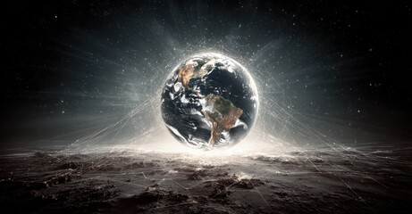 Globe suspended above a barren landscape, radiating light and connected by a network. Stars are visible in the dark sky