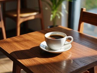 Fototapeta premium A cup of coffee placed on a wooden table with side lighting creating a shadow