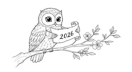 Whimsical line art of an owl perched on a blooming branch holding a scroll showing 2026.