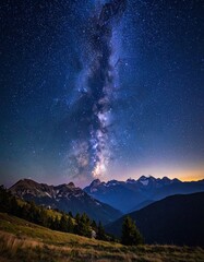Majestic Milky Way stretches above a mountain range, stars light up the dark sky, and trees are visible in the foreground