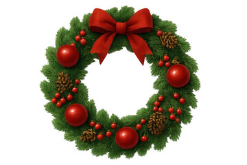 Christmas wreath featuring red bow, ornaments, pinecones, and berries, bringing festive cheer. Transparent background