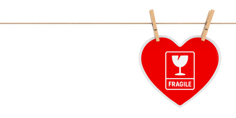 Love And Emotion Concept. Red Heart Hanging On Rope With Fragile Symbol And Wooden Pegs. 3d Rendering
