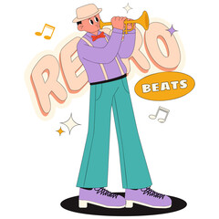 Man in hat playing trumpet with Retro Beats text