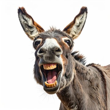 A donkey with brown fur, large ears and a white face, mouths open, smiles broadly, exposing its teeth in front of a bright white backdrop