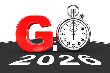 New 2026 Year Concept. Stopwatch as Go Sign over 2025 New Year Road. 3d Rendering