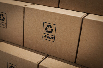 Sustainability And Recycling Concept. Cardboard Boxes Rows With Recycle Symbol. 3d Rendering
