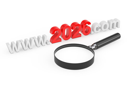 2026 New Year Concept. WWW 2026 Com Site Name with Magnifying Glass. 3d Rendering