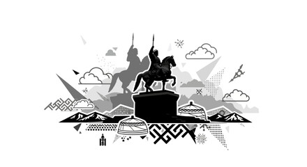 Monumental Horseman Silhouette with Geometric and Cultural Elements