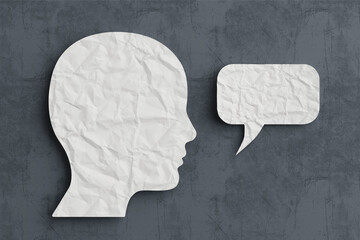 Communication And Expression Concept. Crumpled Paper Head Silhouette With Speech Bubble. 3d Rendering