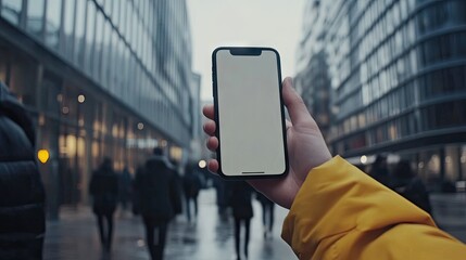 A hand in a yellow jacket holds a smartphone with a blank screen, outdoors in a blurred city street on a cloudy day. People are walking in the background