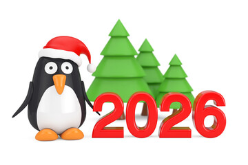 Green Trees and Cartoon Penguin Character with Santa Hat near 2026 New Year Sign. 3d Rendering