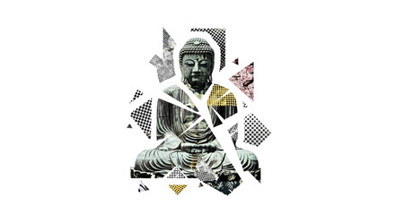 Geometric Buddha Statue with Patterned Accents on White Background