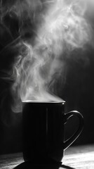 A dark, still life featuring a mug of steaming hot drink, filled with soft, ethereal light.