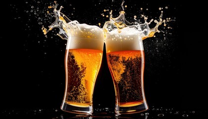 Two frosty glasses clink, sending a golden ale splash on dark backdrop. Effervescent foam bursts dynamically, showing the refreshing drink