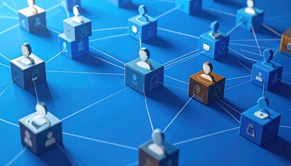 Network of stylized figures atop cubes, connected by thin lines against a solid blue backdrop suggesting social connections and data exchange