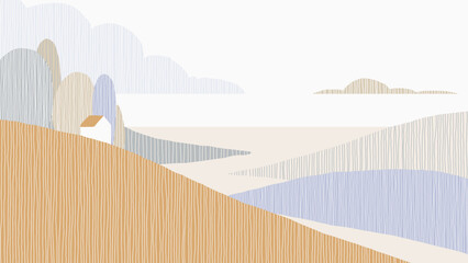 Minimalist abstract landscape featuring a serene scene of fields and mountains in front of the river filled with lines of muted purple and grey tones