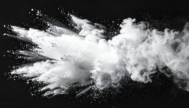 White dust explosion against a stark black background, billowing out in a dynamic, cloud-like formation, creating a stark contrast