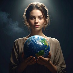Young woman gently holds a miniature Earth; dramatic lighting emphasizes concern for the planet