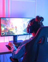Person gaming in a colorful room, focused on the screen. View from behind shows gamer immersed in a vibrant, fantasy-themed video game