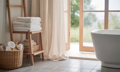 A serene bathroom with a view.  White towels, a wooden ladder shelf, and a wicker basket are displayed.  Large windows offer a tranquil outdoor view