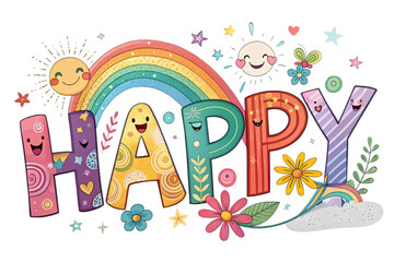 Joyful, vibrant letters spell HAPPY with whimsical suns, rainbows, and cheerful flowers for a delightful, playful design