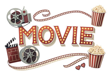 Retro movie night celebration with vintage cinema elements popcorn and marquee lights © Youru