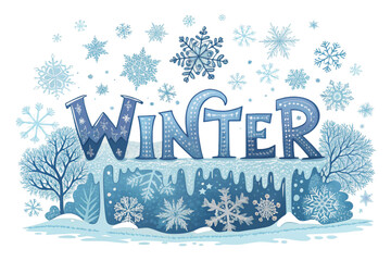 Whimsical Winter wonderland illustration with falling snowflakes and frosted trees creating a festive holiday scene