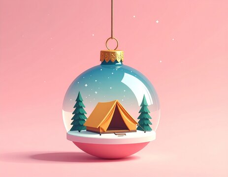 A stylized Christmas ornament with a camping scene inside, featuring a tent, trees, and snow, against a pink background