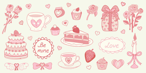 Charming pink valentine s day elements collection featuring cakes roses hearts and gifts