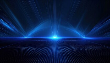 Azure luminosity with ray beams emanating from a point on a textured horizon. The vibrant display blends cosmic energy and digital design