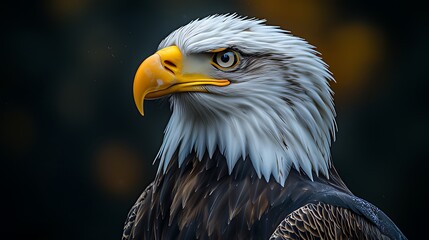 Fototapeta premium Bald Eagle Side Close-Up (Facing Left, White Head, Dark Brown Body, Yellow Eyes/Beak) Dark Blurred Background