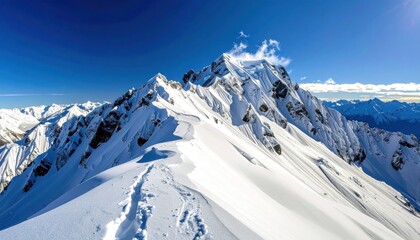 A towering, snow-capped mountain ridge with a bright blue sky backdrop, showcasing a beautiful, untouched winter landscape under sunlight