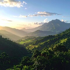 A sunlit mountain range covered in lush greenery stretches to the horizon under a partly cloudy sky. Golden light bathes the peaks