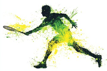 silhouette of a tennis player swinging racket, watercolor splatter in lime green and yellow, dynamic action illustration
