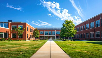 Serene brick building complex with a manicured lawn under a vibrant blue sky dotted with wispy clouds on a sunny day